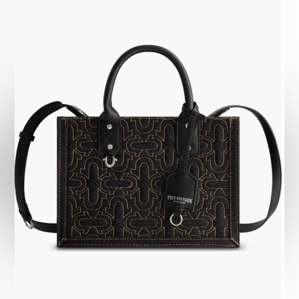 True Religion Black Denim Quilted Logo Tote with Top Handles and Strap
